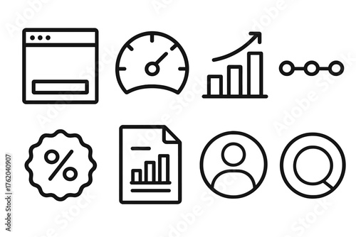 Outlined KPI Symbols outline icon set: dashboard window, gauge meter, chart comparison, timeline, percentage badge, document report, user profile, progress ring.