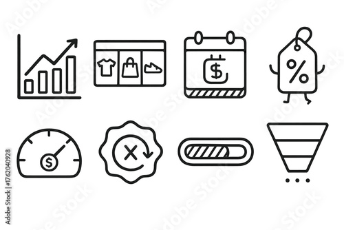 Sales E-Commerce Dashboards set of icons in doodle hand-drawn vector style: order volume graph, top-selling products chart, daily revenue tracker, discount performance icon,