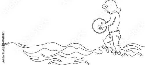 Continuous single line drawing Child on the beach. Summer vacation. Children in summer.Linear . One continuous line isolated minimalist illustration. Not AI.