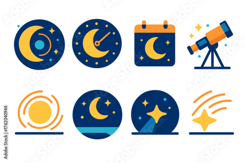 Celestial Rhythm flat icons: moon orbit, lunar clock, night sky, calendar, telescope, star trail, horizon line, light beam.