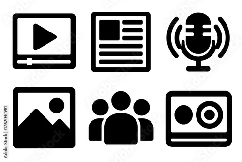 Online Platform Icons silhouette set: video stream, news platform, podcast player, photo post, community forum, live broadcast.