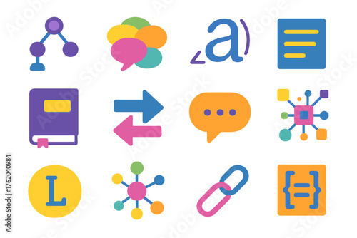 Linguistic NLP flat icons: syntax tree, word cloud, phoneme symbol, paragraph block, grammar book, translation arrows, voice bubble, data token, letter icon, semantic map, language