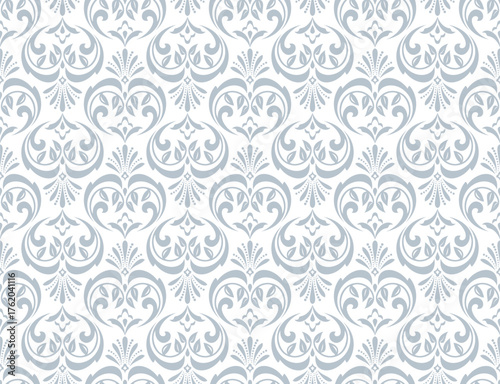Wallpaper in the style of Baroque. White and gray floral ornament. Seamless vector background. Graphic pattern for fabric, wallpaper, packaging. Ornate Damask flower illustration