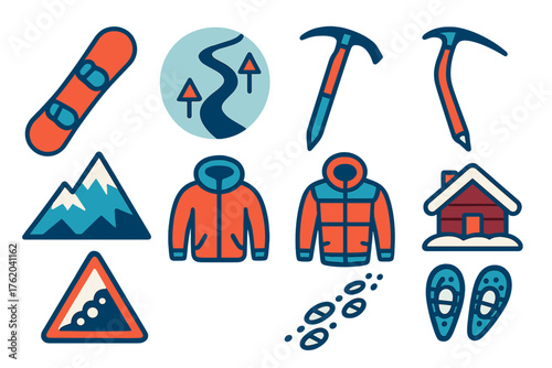 Winter Mountain Adventures flat icons: snowboard icon, ski slope trail, snow-covered peak, ice axe tool, thermal jacket badge, mountain cabin, avalanche warning sign, snowshoe path