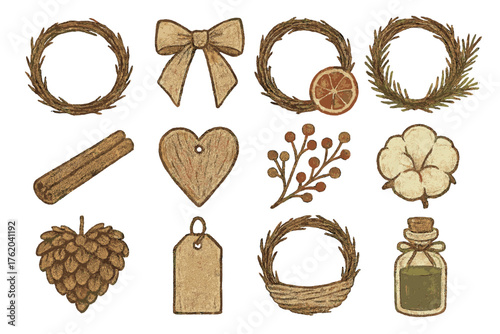 Rustic Winter Wreaths set of icons in doodle hand-drawn vector style: twig base, burlap bow, dried fruit, pine needles, cinnamon stick, wooden charm, berry sprig, cotton fluff,