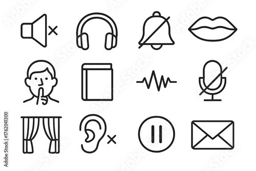 Sound quiet outline icon set: muted speaker, headphones, bell with slash, closed mouth, hush finger, library book, soundwave off, microphone muted, curtain, ear with cross, pause