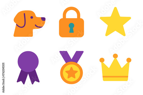 Loyalty markers flat icons: dog, lock, star, ribbon, medal, crown.