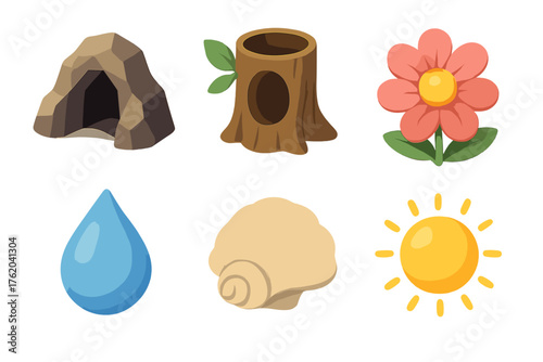 Nature aperture set icons in modern isometric flat vector style: cave entrance, tree hollow, flower, droplet, shell, sun.