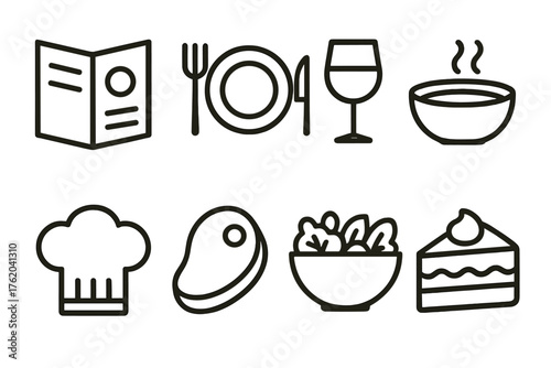 Restaurant Menu outline icon set: open menu booklet, plate with fork and knife, wine glass, soup bowl, dessert slice, chef hat, steak, salad bowl.