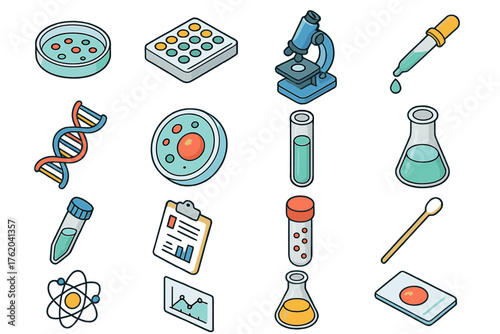 Scientific Sample set icons in modern isometric flat vector style: petri dish, culture plate, microscope, pipette, DNA strand, cell structure, test tube, beaker, centrifuge tube,
