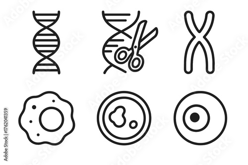 Genetic change outline icon set: DNA strand, double helix twist, gene editing scissors, chromosome, nucleus, cell.