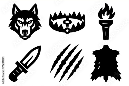 Wild hunter silhouette set: wolf, bear trap, knife, torch, claw mark, fur pelt.