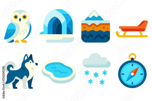 Tundra flat icons: snow owl, icy cave, permafrost, sled, husky dog, frozen pond, snow cloud, compass.