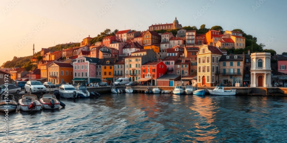 Obraz premium Colorful waterfront houses reflecting in calm water during sunset at a picturesque harbor town with warm lighting and serene atmosphere