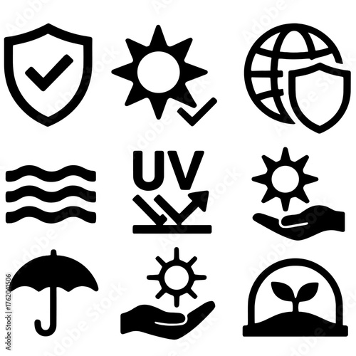 Protective Ozone Layer silhouette set: shield with check, radiant sun, UV rays with block, globe cover, energy waves, umbrella, skin protection, eco dome.