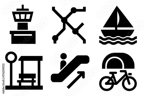 Transit silhouette set: airport control tower, subway map, sailboat, railway carriage, bus stop, escalator, tunnel, delivery bike.