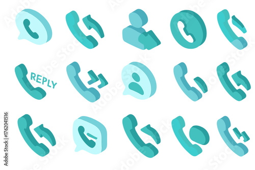 Reply Call Icons set icons in modern isometric flat vector style: chat bubble with phone, reply arrow with phone, contact with arrow back, phone with text reply, call back response