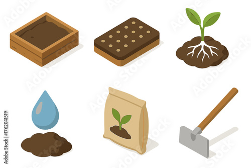 Soil set icons in modern isometric flat vector style: garden bed, soil texture dots, seedling roots, fertilizer sack, soil moisture drop, hoe tool.