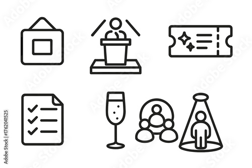 Event Visitor Log outline icon set: invitation card, podium speaker, stage spotlight, ticket stub, guest list, champagne glass, group circle, spotlight figure.