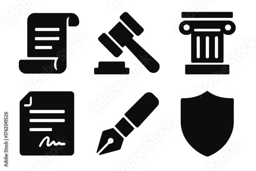Legal client silhouette set: scroll, gavel, column, contract, pen, shield.