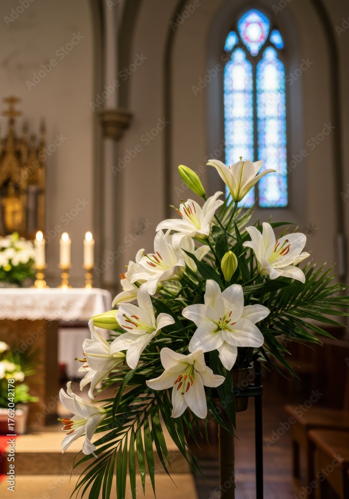 Fototapeta premium Floral arrangement for immaculate conception celebration in a church setting with lit candles and stained glass