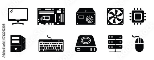 Computer Hardware and Components Icon Set in Black Silhouette Style