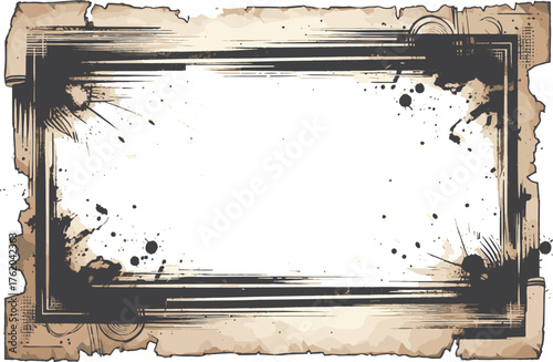A distressed vintage frame features bold black ink splatters, torn parchment edges, and layered borders, delivering a raw, artistic backdrop ideal for retro posters