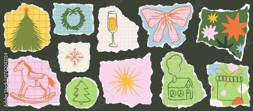 Paper Christmas doodles sticker set with torn pattern and scribble for scrapbook design. Bold and grunge paper new year decor sticker set with torn edges, crayon drawings, hand drawn winter elements.