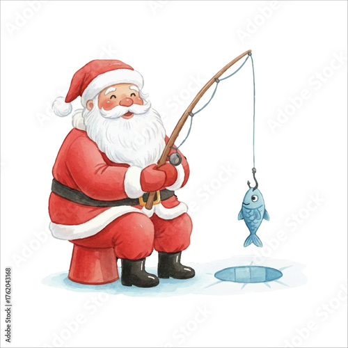 Santa Fishing on Ice Watercolor Vector Illustration on White Background
