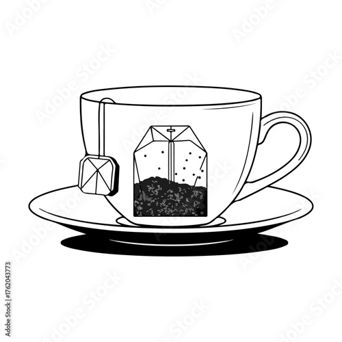 Elegant teacup with tea bag on saucer ready for brewing a beverage.