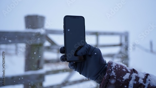 A hand wearing a black glove holds a smartphone in snowy weather, with a wooden fence and a stone marker visible in the background.