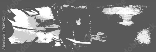 Collection of white shreds from torn and ripped paper with glue residues adhering to a wall. Urban scraps of ads or signage. Aged, textured poster design in vector format.