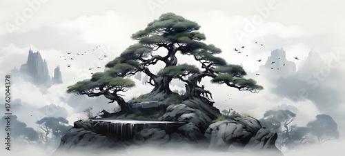 art of bonsai a black and white high contrast full body,generative AI