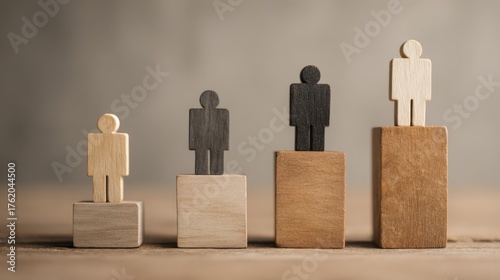 Rise to Success: A symbolic representation of professional advancement is portrayed through a series of wooden figures climbing to the top, embodying the spirit of growth and the pursuit of success.