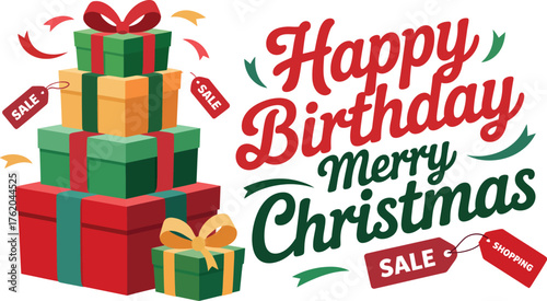 Happy Birthday and Merry Christmas sale with gift boxes and discount tags.