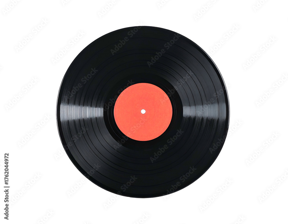 Obraz premium A close-up of a black vinyl record with a red label centered on a black background