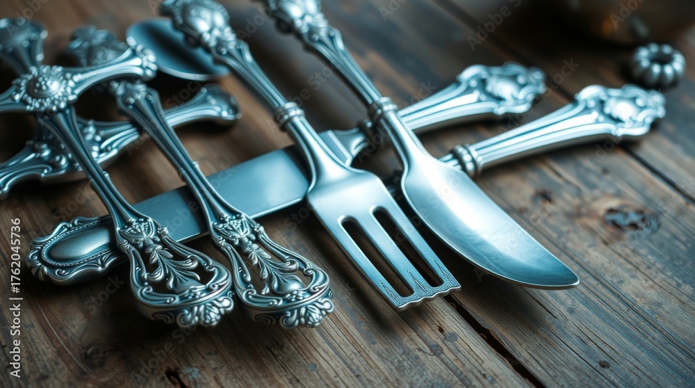 Fototapeta premium Elegant Vintage Cutlery and Silverware Arrangement on Rustic Wooden Table Background for Kitchen and Dining Decor