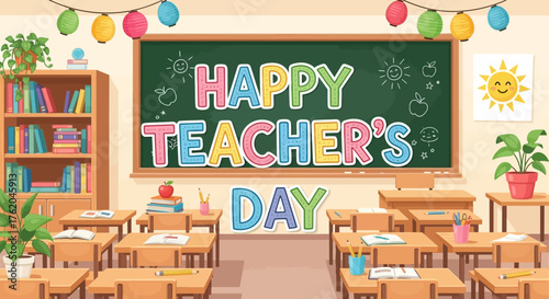 Festive school classroom interior background with a celebratory message on the blackboard, designed for an educational holiday