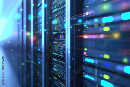 Futuristic IT data center with colorful LED lights and glowing reflections, symbolizing advanced cloud technology, network security, and modern digital infrastructure innovation