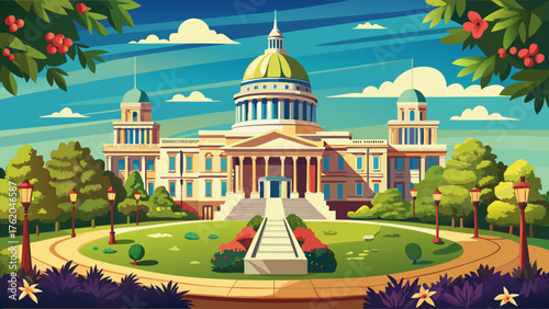 Very beautiful Arkansas State Capitol building in Little Rock, shining under a clear sky, with grand domes, columns, and landscaped grounds symbolizing American heritage and pride.
