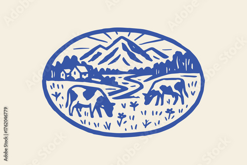 Mountain valley with cows hand drawn rural landscape vector illustration