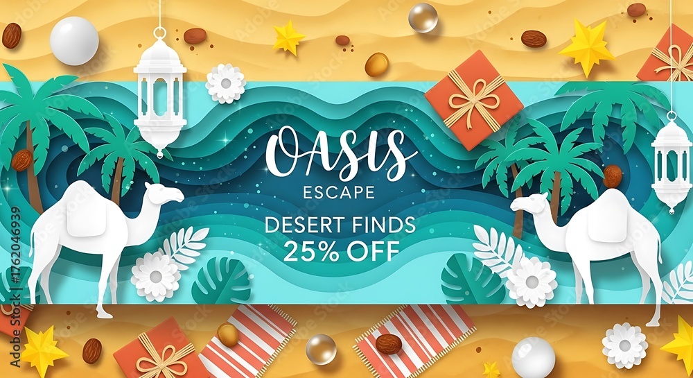 Naklejka premium Oasis Escape Desert Finds 25 Percent Off Sale Banner.