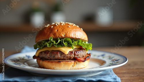 Classic hamburger with cheese and lettuce on a plate with blue napkin  