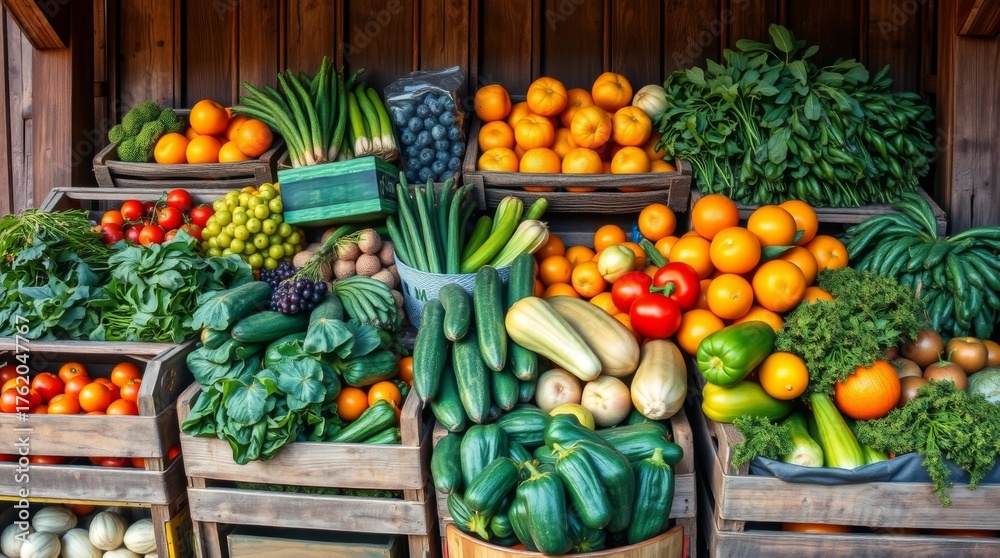 Obraz premium Colorful Display of Fresh Vegetables and Fruits in Rustic Market Baskets Surrounded by Wooden Background