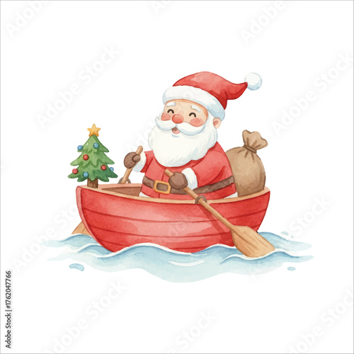 Santa Claus Rowing Boat Watercolor Vector Illustration
