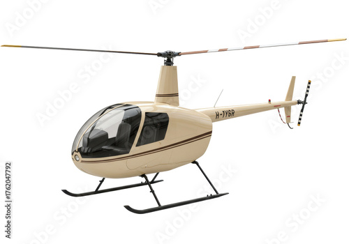 Beige Robinson R44 helicopter isolated on transparent background, light aircraft for private transportation and aerial photography