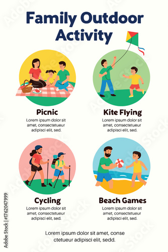 A cheerful family theme featuring outdoor activities like picnics, kite flying, cycling, and beach games, perfect for family time and active weekends.