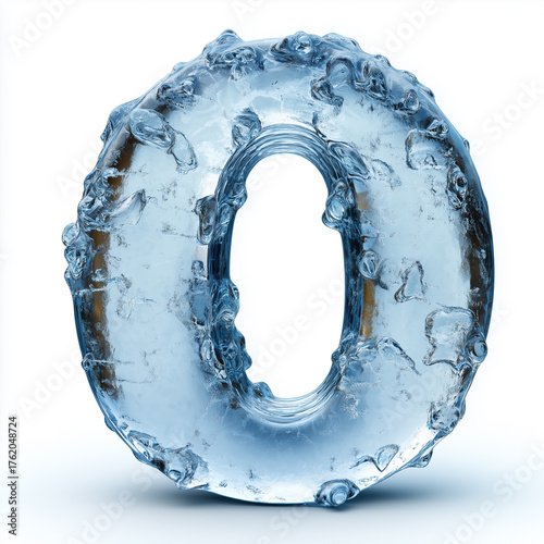 The number zero made of ice on a white background.
