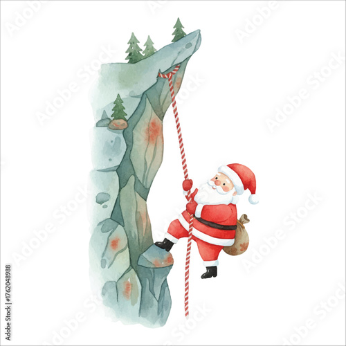 Santa Claus Rock Climbing Watercolor Vector Illustration
