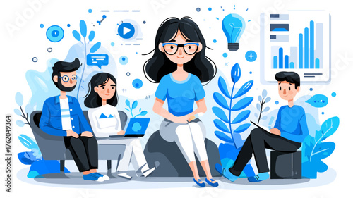 Vector SVG Illustration of Business Team Meeting with Data Charts and Light Bulb in Modern Flat Style with Blue Tones